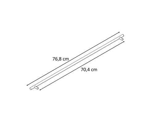 Schematische Darstellung einer Duschstange mit den Maßen 76,8 cm und 70,4 cm.