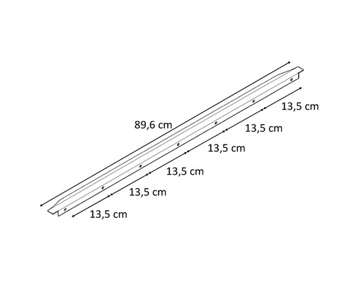 Montageschiene mit Bohrlöchern und Maßangaben 89,6 Zentimeter und 13,5 Zentimeter