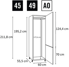 Masse eines Kleiderschranks als Strichzeichnung dargestellt.