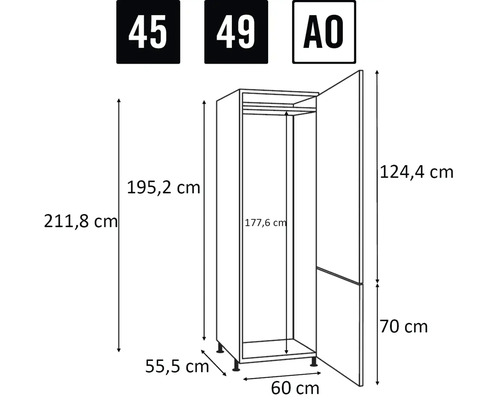 Masse eines Kleiderschranks als Strichzeichnung dargestellt.