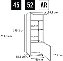 Dimensionszeichnung eines Küchenschranks mit Höhen-, Breiten- und Tiefenangaben