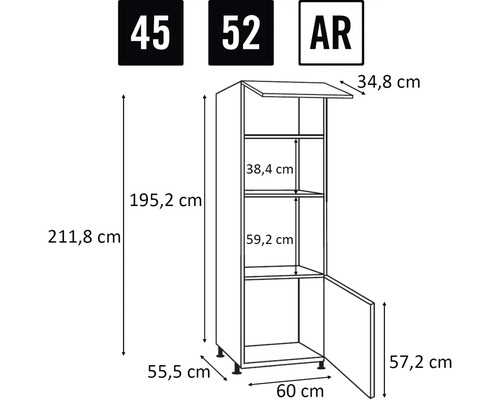 Dimensionszeichnung eines Küchenschranks mit Höhen-, Breiten- und Tiefenangaben