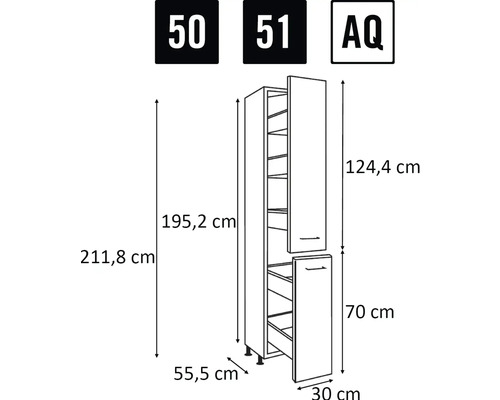 Technische Zeichnung eines Schranks mit Maßen.