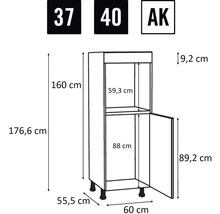 Technische Zeichnung eines Hochschranks mit Maßangaben