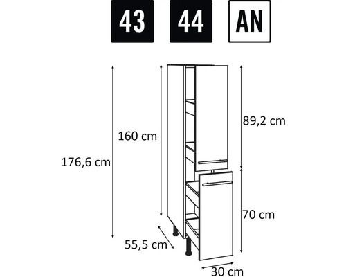 Technische Zeichnung eines Küchenschranks mit Maßangaben