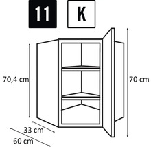 Skizze eines Eckhängeschranks mit Maßen.