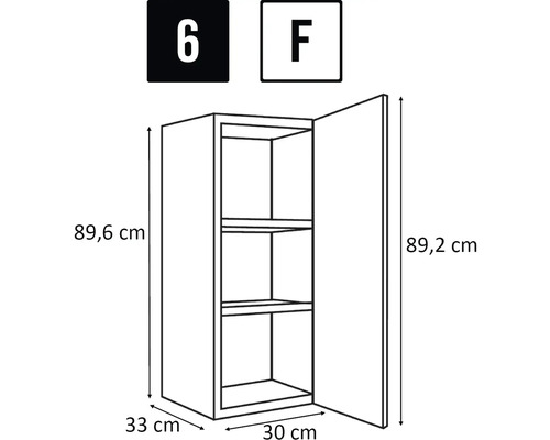 Technische Zeichnung eines Hängeschranks mit den Maßen 89,6 x 33 x 30 cm
