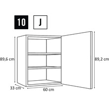 Dessin d'un placard mural ouvert avec trois étagères et indications de taille