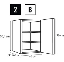 Technische Zeichnung eines Hängeschranks mit Tür und Innenregalen, Maße sind angegeben