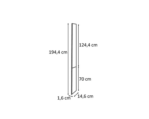 Dessin technique d'un panneau aux dimensions de 194,4 cm de hauteur, 14,6 cm de largeur et 1,6 cm de profondeur