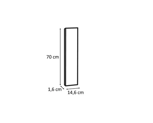 Dimensions d'un miroir: 70 cm de hauteur, 14,6 cm de largeur et 1,6 cm de profondeur.