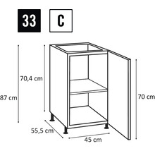 Skizze eines Spülenunterschranks mit den Maßen 87 x 45 x 55,5 cm.