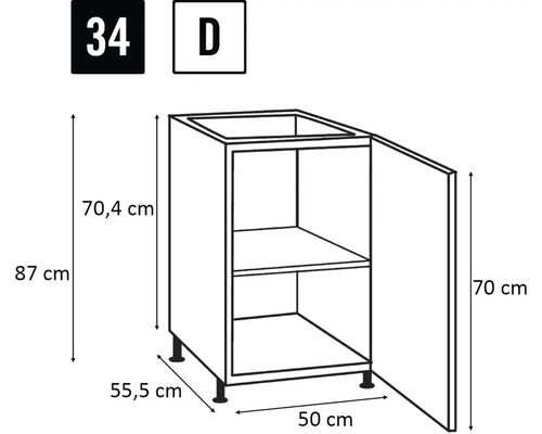 Illustration eines Küchenunterschranks mit den Maßen 87 cm Höhe, 50 cm Breite und 55,5 cm Tiefe