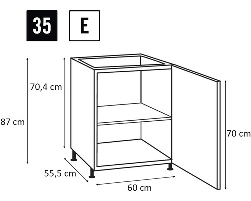 Skizze eines Küchenunterschranks mit Abmessungen