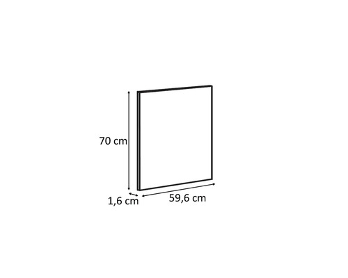 Zeichnung eines Schrankelements mit den Maßen 70 cm Höhe, 59,6 cm Breite und 1,6 cm Tiefe