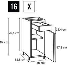 Schéma d'un meuble bas avec tiroir, porte, étagère et dimensions