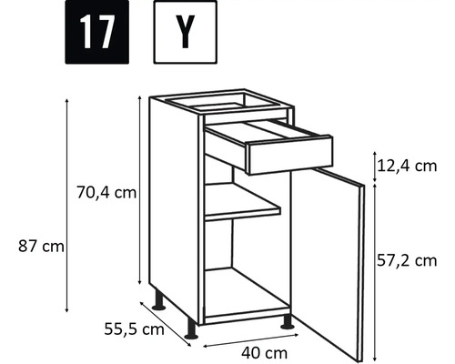 Technische Zeichnung eines Unterschranks mit Schublade und Tür sowie Massangaben