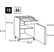 Technische Zeichnung eines Küchenunterschranks mit Schublade und Tür, inklusive Maßangaben