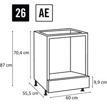 Zeichnung eines Küchenunterschranks mit Maßangaben