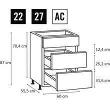 Schrank mit drei Schubladen, Abmessungen 60 x 55,5 x 87 cm