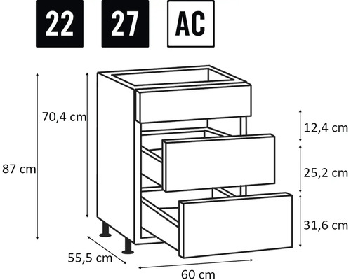 Schrank mit drei Schubladen, Abmessungen 60 x 55,5 x 87 cm