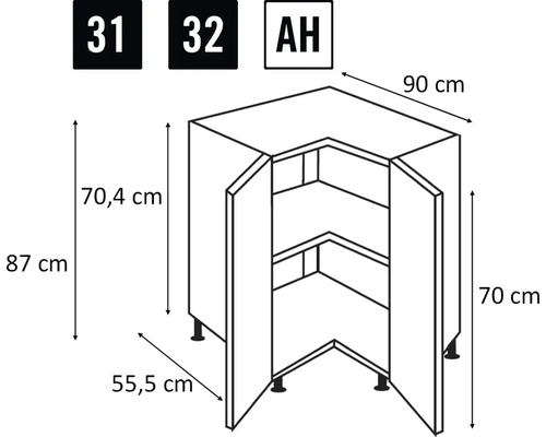 Technische Zeichnung Eckunterschrank mit Maßen