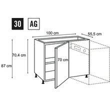 Technische Zeichnung eines Küchenunterschranks mit Maßen.