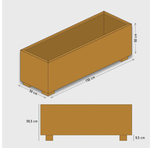 Abbildung eines Pflanzkastens mit den Maßen 150 mal 50 mal 50 Zentimeter und einem zusätzlichen Aufriss.