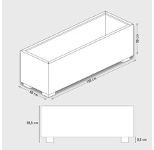 Technische Zeichnung eines Pflanzkastens mit den Maßen 150 x 50 x 59,5 cm