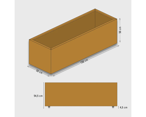 Abbildung eines Pflanzkastens mit Maßangaben: 50 cm Breite, 150 cm Länge und 50 cm Höhe.