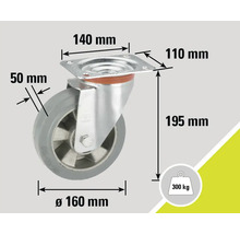 Lenkrolle mit den Maßen 140 mm mal 110 mm, Raddurchmesser 160 mm, Radbreite 50 mm, Höhe 195 mm, Tragkraft 300 kg
