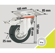 Roue pivotante avec frein et les dimensions 105 mm, 85 mm, 107 mm, 80 mm et 25 mm, capacité de charge 50 kg