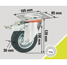 Roue pivotante avec frein et les dimensions 105 mm, 85 mm, 128 mm, 100 mm, 30 mm et une capacité de charge de 70 kilogrammes