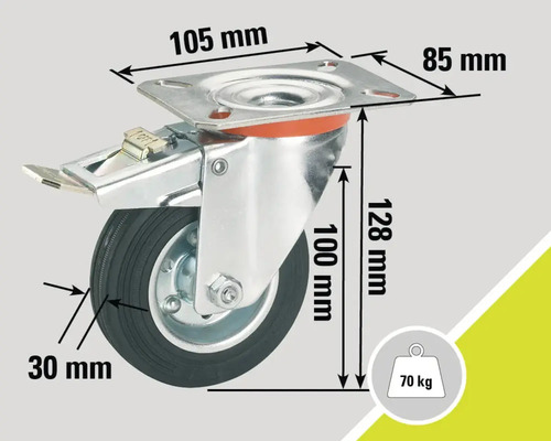 Roue pivotante avec frein et les dimensions 105 mm, 85 mm, 128 mm, 100 mm, 30 mm et une capacité de charge de 70 kilogrammes