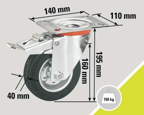 Roue pivotante avec frein, Dimensions : 140 mm x 110 mm, diamètre de la roue : 40 mm, capacité de charge : 150 kg