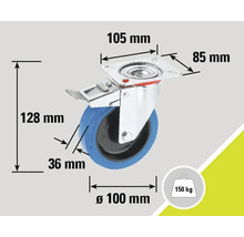 Roue pivotante avec frein, dimensions 105 x 85 millimètres, diamètre de la roue 100 millimètres, capacité de charge 150 kilogrammes