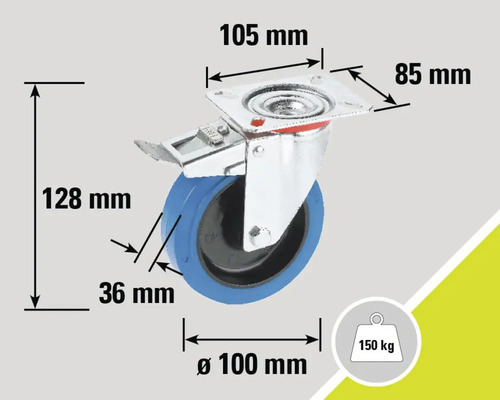 Roue pivotante avec frein, dimensions 105 x 85 millimètres, diamètre de la roue 100 millimètres, capacité de charge 150 kilogrammes