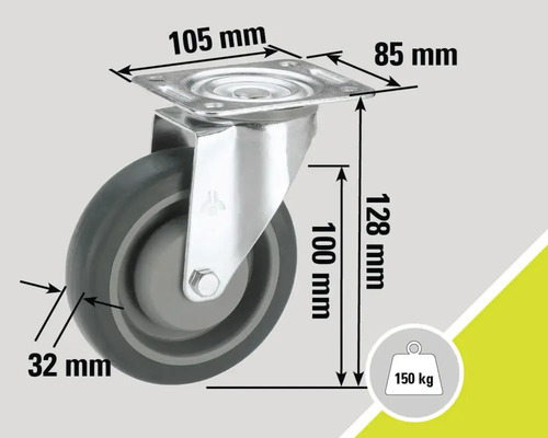 Roue pivotante avec les dimensions 105 mm, 85 mm, 128 mm, 100 mm, 32 mm et une capacité de charge de 150 kg