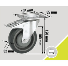 Lenkrolle mit Feststeller und den Maßen 100 x 32 Millimeter, Traglast 150 Kilogramm