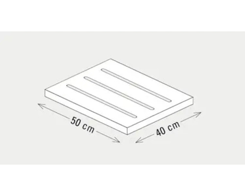 Schéma d'une plaque en béton avec trois rainures, 50 sur 40 centimètres