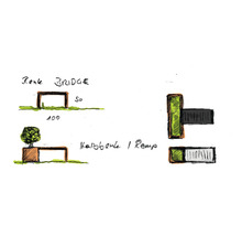 Skizze einer Holzbrücke mit den Maßen 50 mal 100 Zentimeter, einer Rampe und einer Holzbank mit Baum