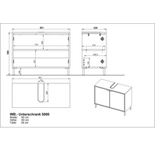 Schéma technique d'un meuble sous-lavabo avec dimensions