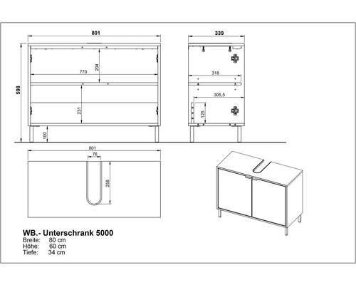 Schéma technique d'un meuble sous-lavabo avec dimensions