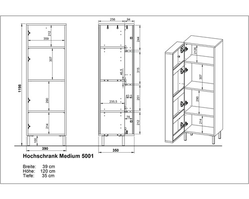 Technische Zeichnung eines Hochschranks Medium 5001 mit Breiten-, Höhen- und Tiefenangaben