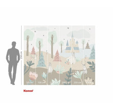 Papier peint photo avec un motif du film La Reine des Neiges, avec des arbres, des fleurs, des personnages et un château