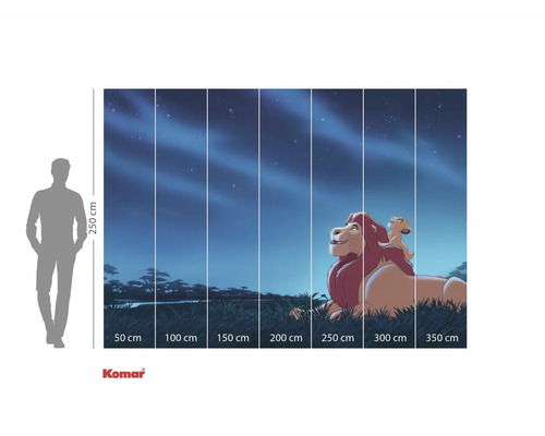 Papier peint photo Komar avec une illustration du Roi Lion, composé de plusieurs lés, avec des indications de taille.