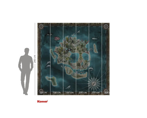 Papier peint mural Komar avec une carte d'île avec des animaux et des plantes, dimension 300 x 280 centimètres