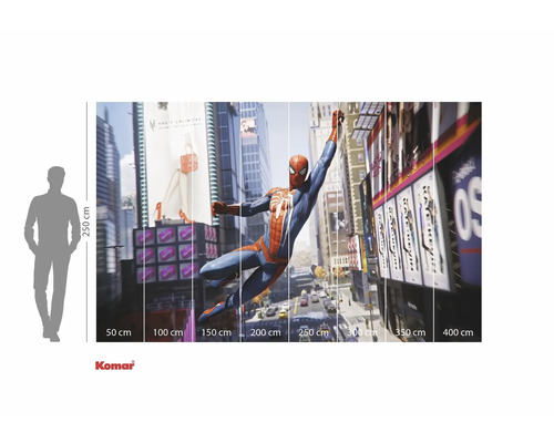 Papier peint Komar Spiderman avec indication des dimensions et silhouette humaine
