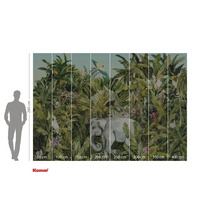 Papier peint photo avec motif de jungle, comprenant un éléphant, un léopard et diverses espèces d'oiseaux