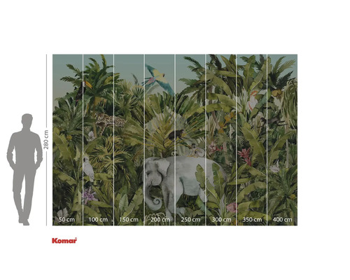 Papier peint photo avec motif de jungle, comprenant un éléphant, un léopard et diverses espèces d'oiseaux